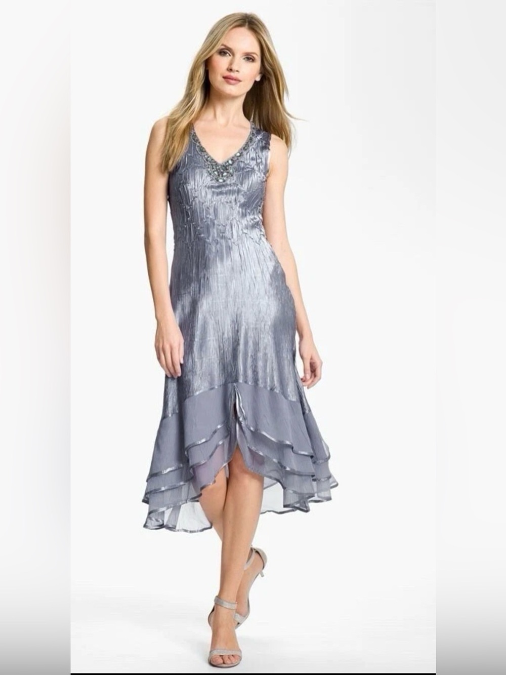 Komarov Silver Crinkle Satin Chiffon Beaded Midi Dress Petite Medium